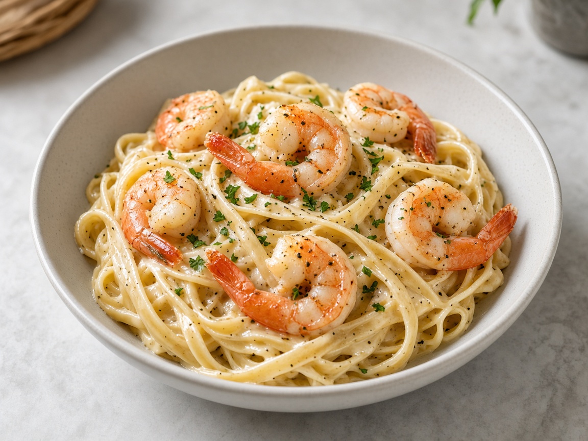 Pasta Alfredo con camarones