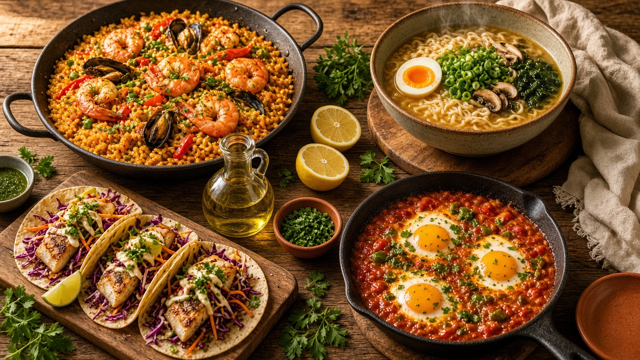 Mesa internacional con paella, tacos, shakshuka y ramen